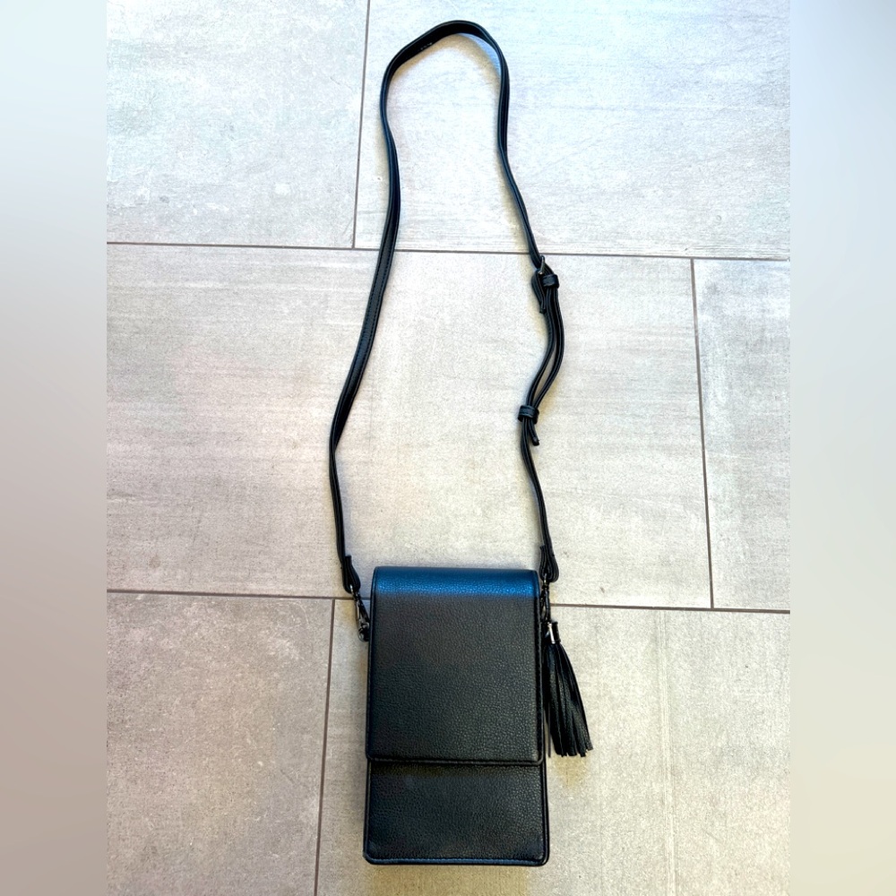Like new - Black Crossbody Bag with Tassel & integrated slots inside too!